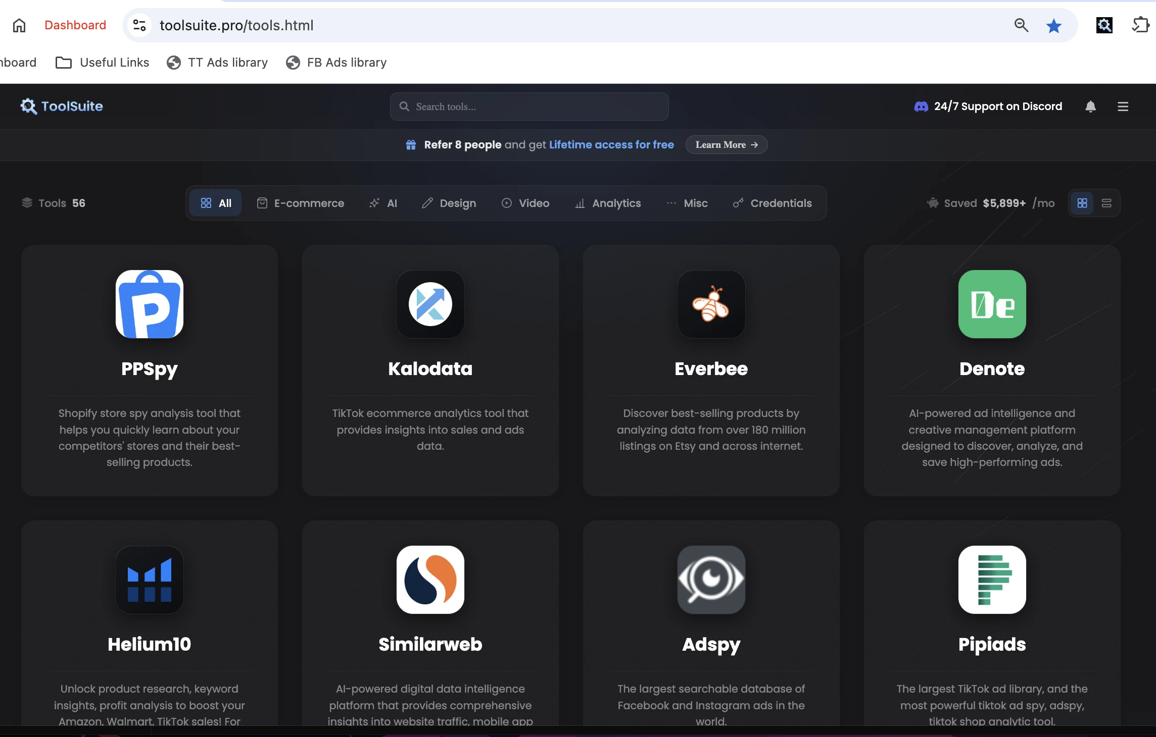 ToolSuite dashboard showing 56 tools